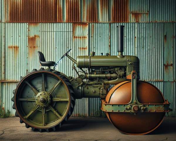 Rustic Steam-Powered Road Roller on Cracked Asphalt