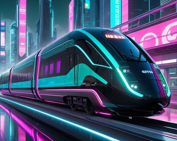 Futuristic Train on Neon-Lit Urban Platform