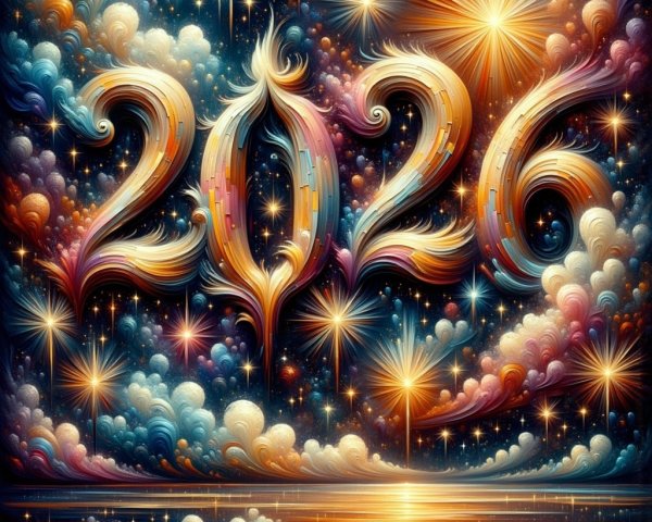 Vibrant 2026 Design with Starry Sky and Reflections