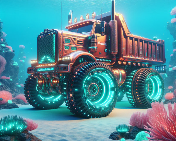 Futuristic Orange Dump Truck in Underwater Landscape
