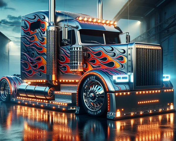 Custom Semi-Truck with Flame Decals and LED Lights