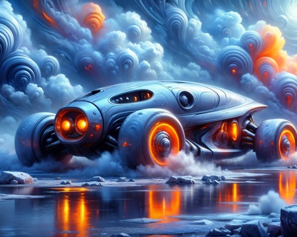 Futuristic Vehicle in Surreal Dreamlike Landscape