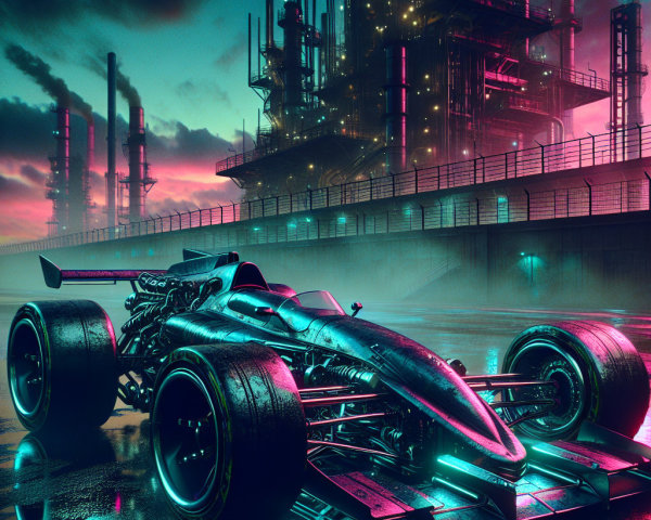 Futuristic Formula 1 Car in Cyberpunk Setting