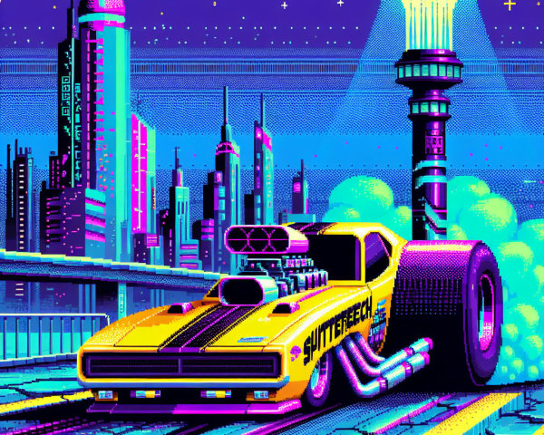 Retro-Futuristic Cityscape with Neon Lights and Dragster