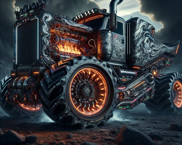 Futuristic Monster Truck with Metallic Designs and Glow