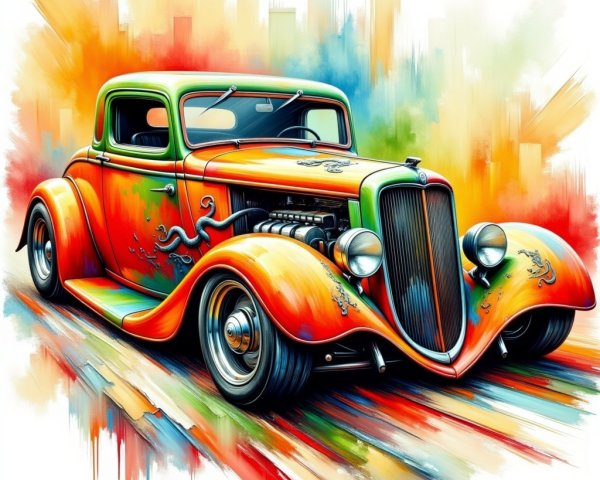 Vintage Car with Orange and Green Dragon Design