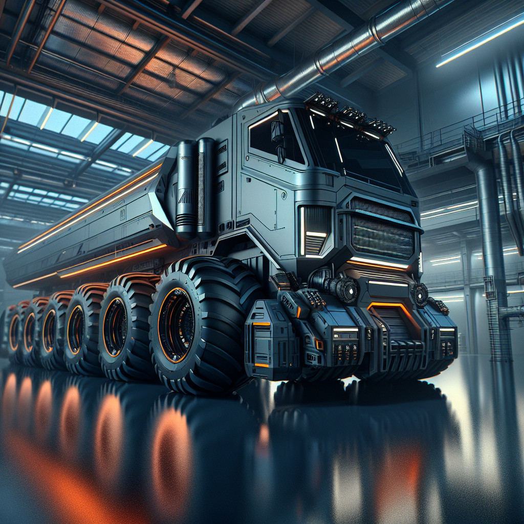 Futuristic Matte Gray Semi-Trailer Truck in Warehouse