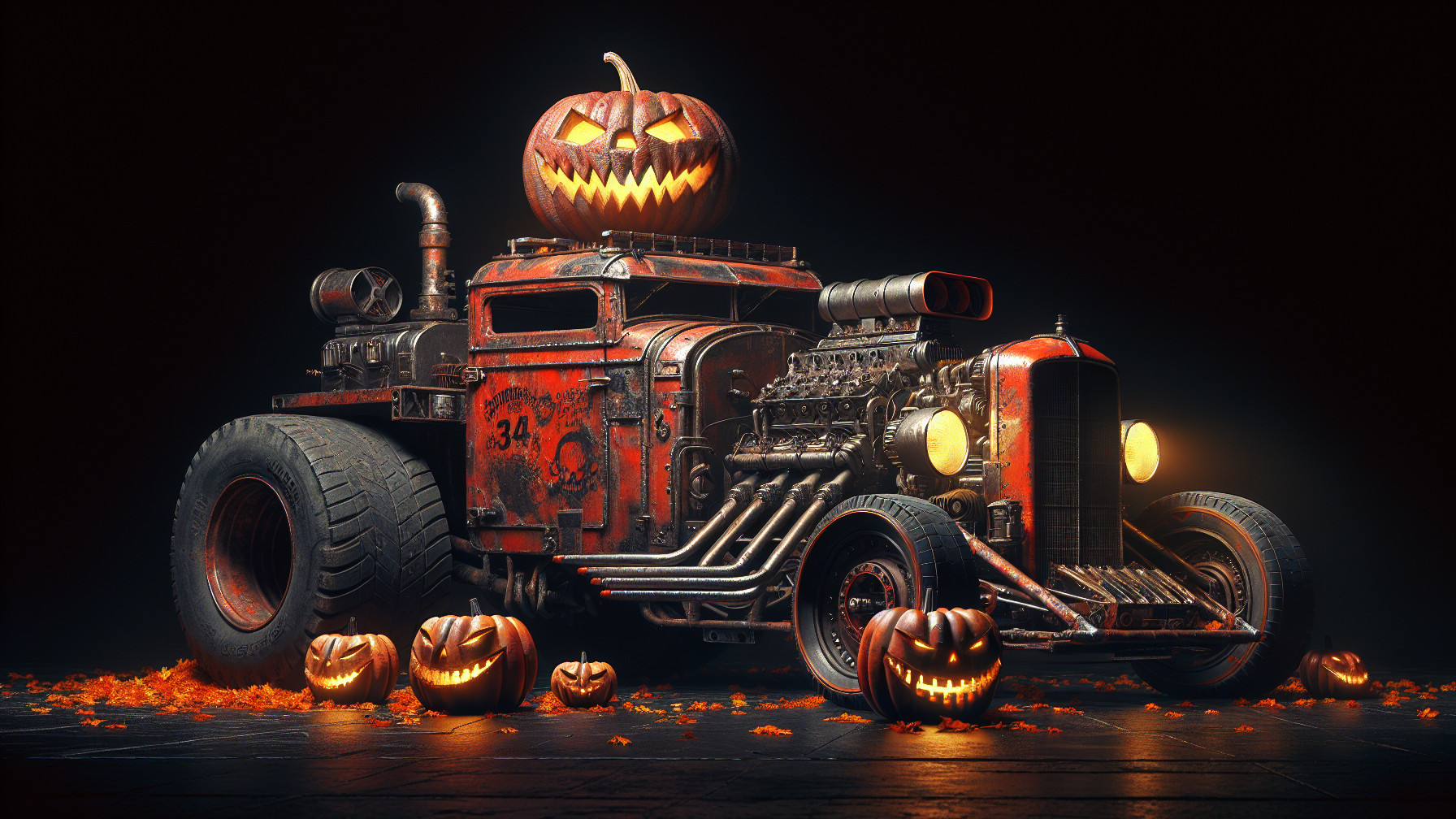 Vintage Hot Rod with Halloween Decor and Atmosphere