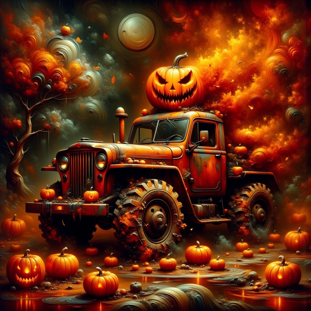 Vintage orange truck in vibrant autumn landscape