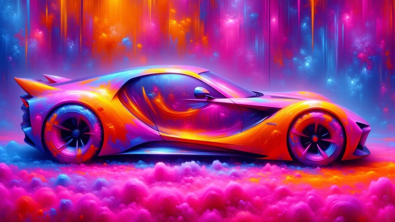 Vibrant Sports Car Against Surreal Colorful Backdrop