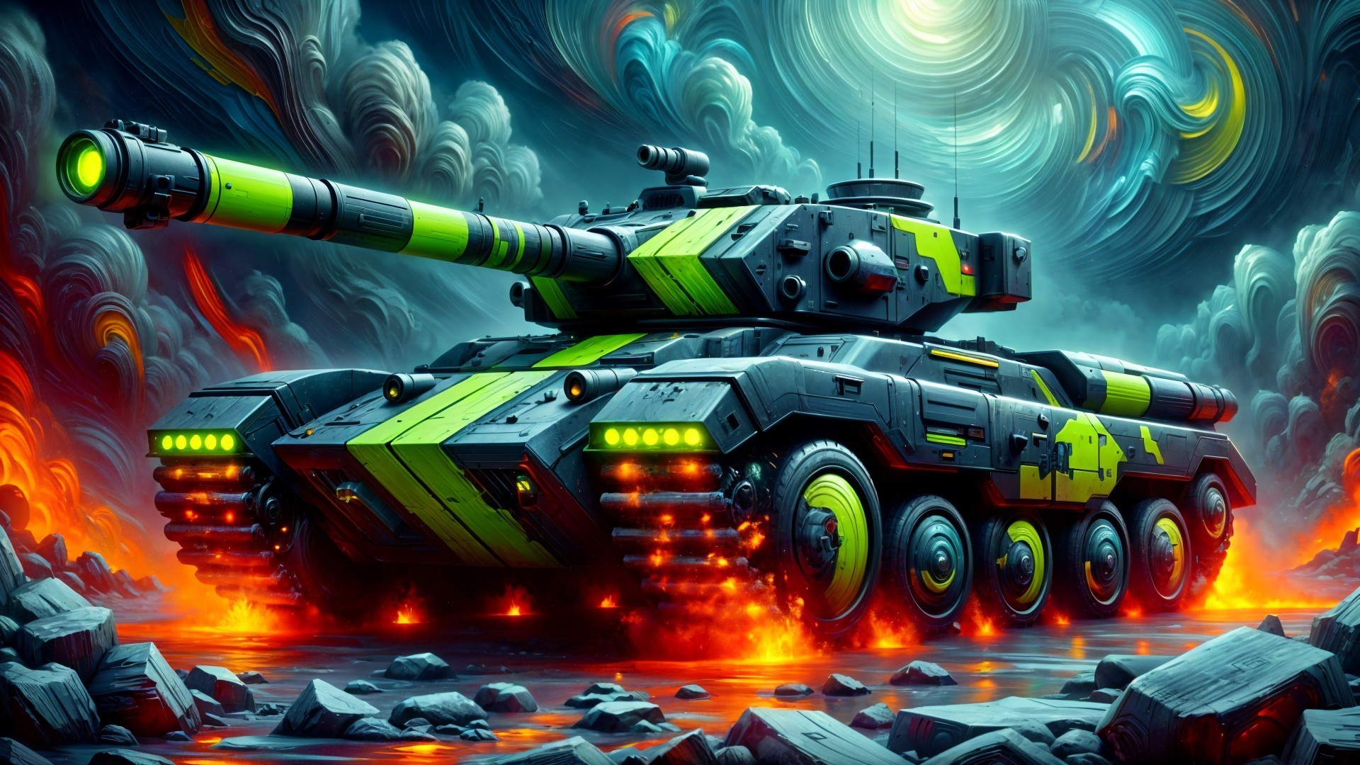 Futuristic tank design with vibrant colors and patterns