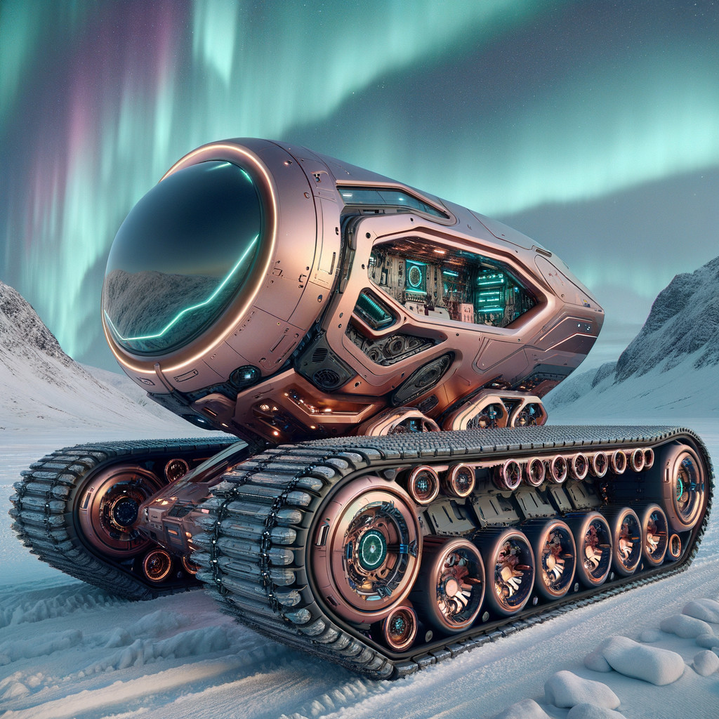 Futuristic Copper Tank on Snowy Landscape with Aurora