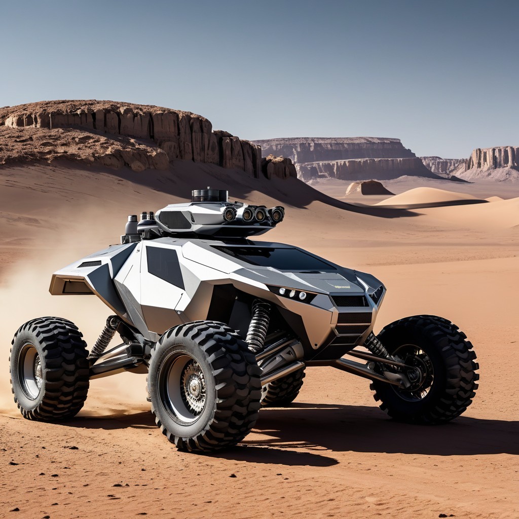 Futuristic rover exploring a vast sandy landscape
