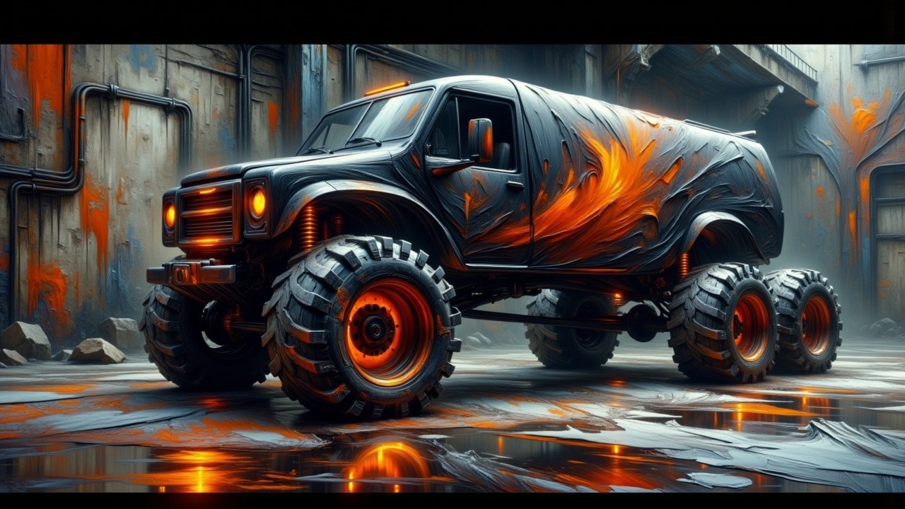 Modified Truck with Orange Flames and Rugged Features