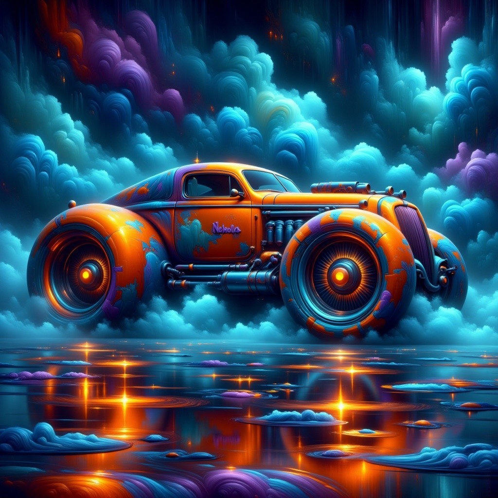 Retro Car with Colorful Cloud Backdrop