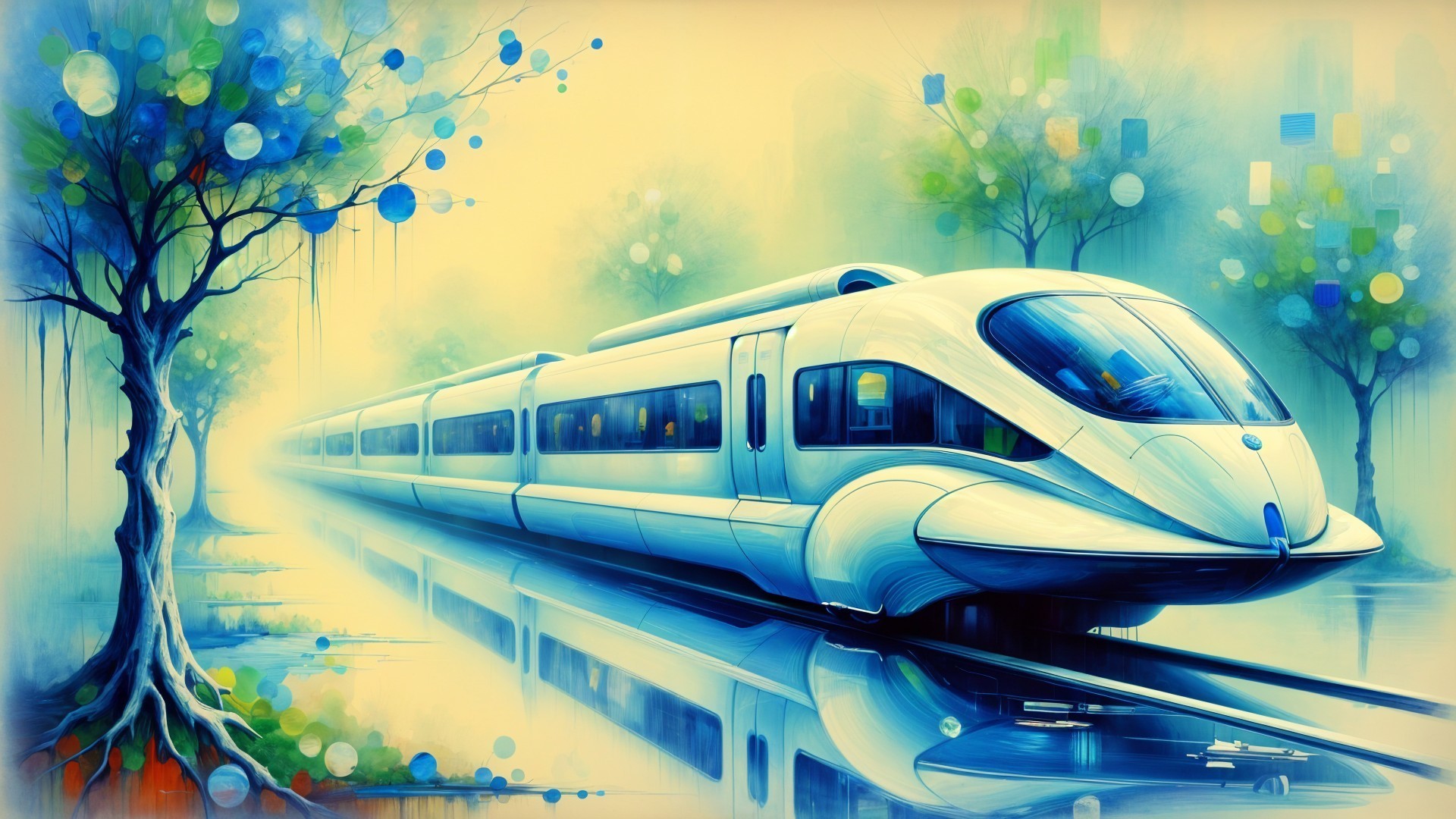 Futuristic train on shimmering tracks in ethereal landscape