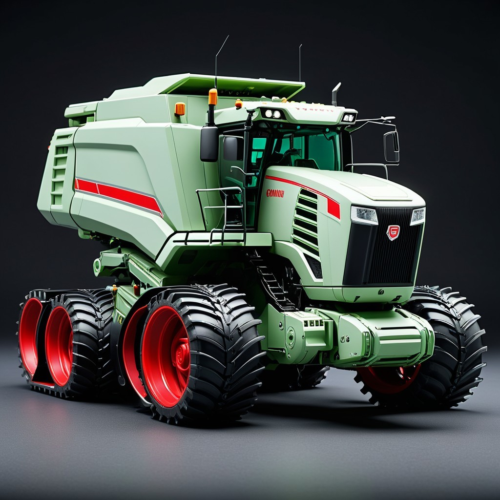 Modern Combine Harvester with Light Green and Red Design