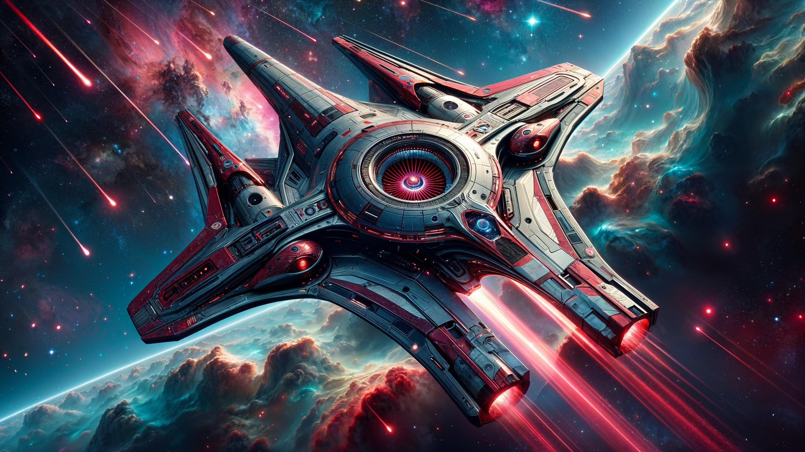 Futuristic Star-Shaped Spacecraft in Cosmic Landscape