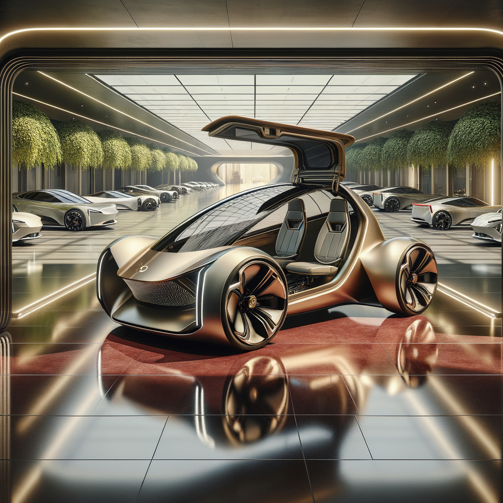 Futuristic Light Gold Two-Seater Vehicle in Showroom