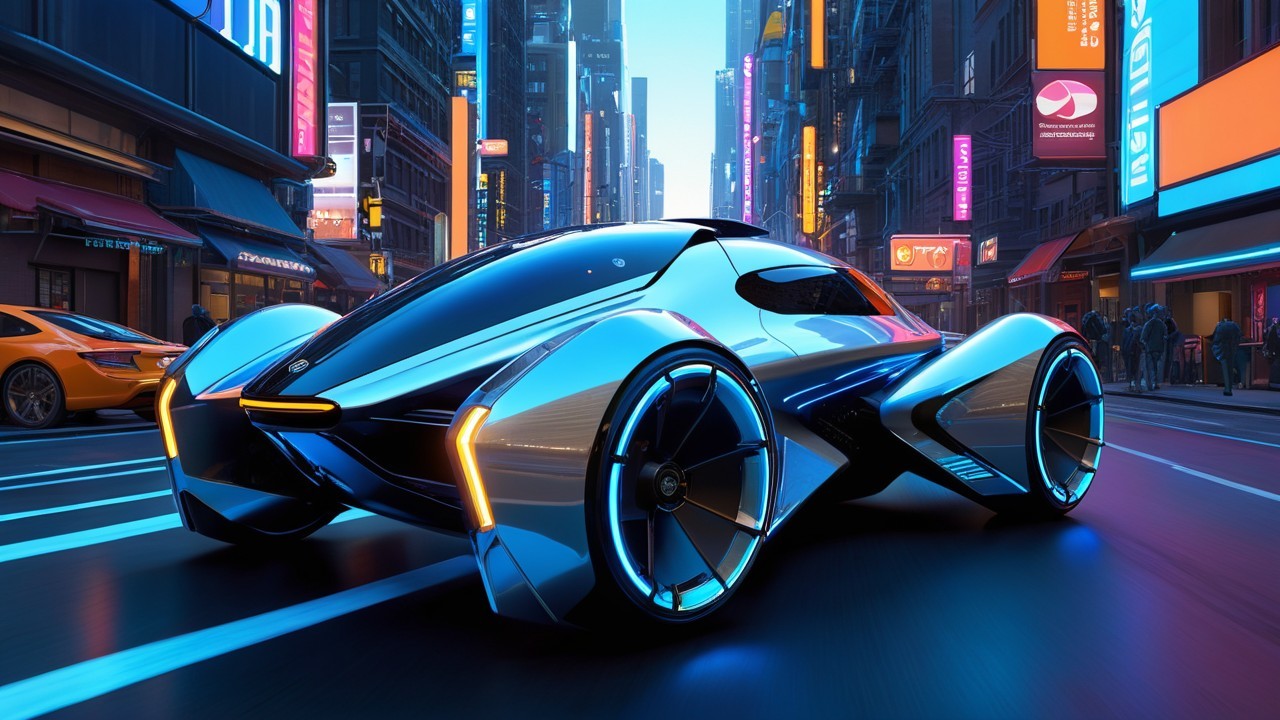 Futuristic Car in Neon Cityscape with Advanced Design