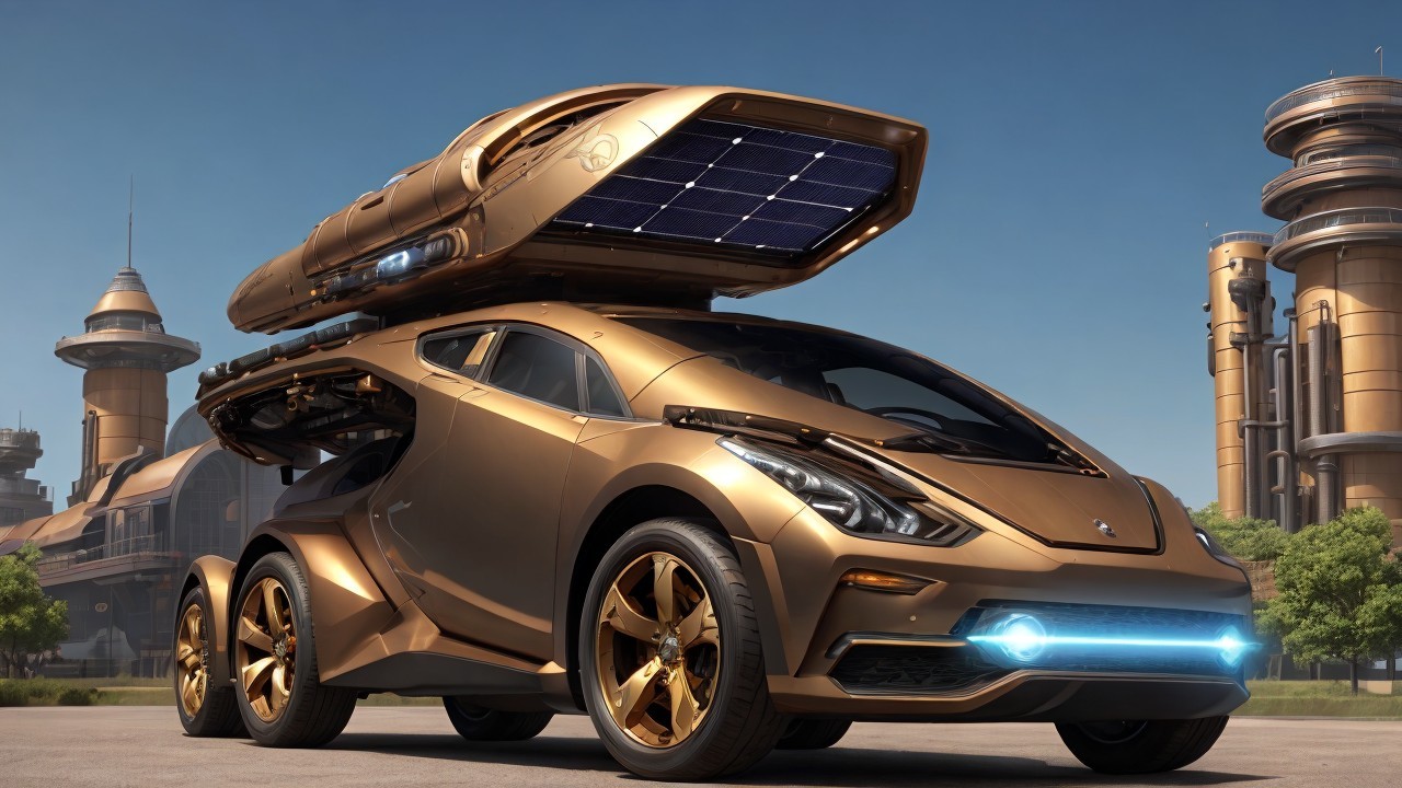 Futuristic Gold Vehicle with Solar Panels and Modern Design