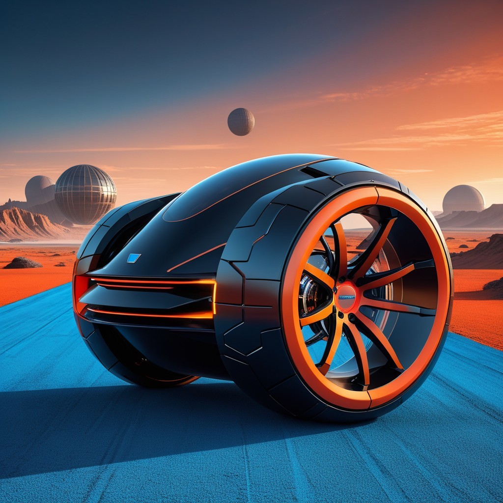 Futuristic Black Vehicle on Desert Terrain with Planets