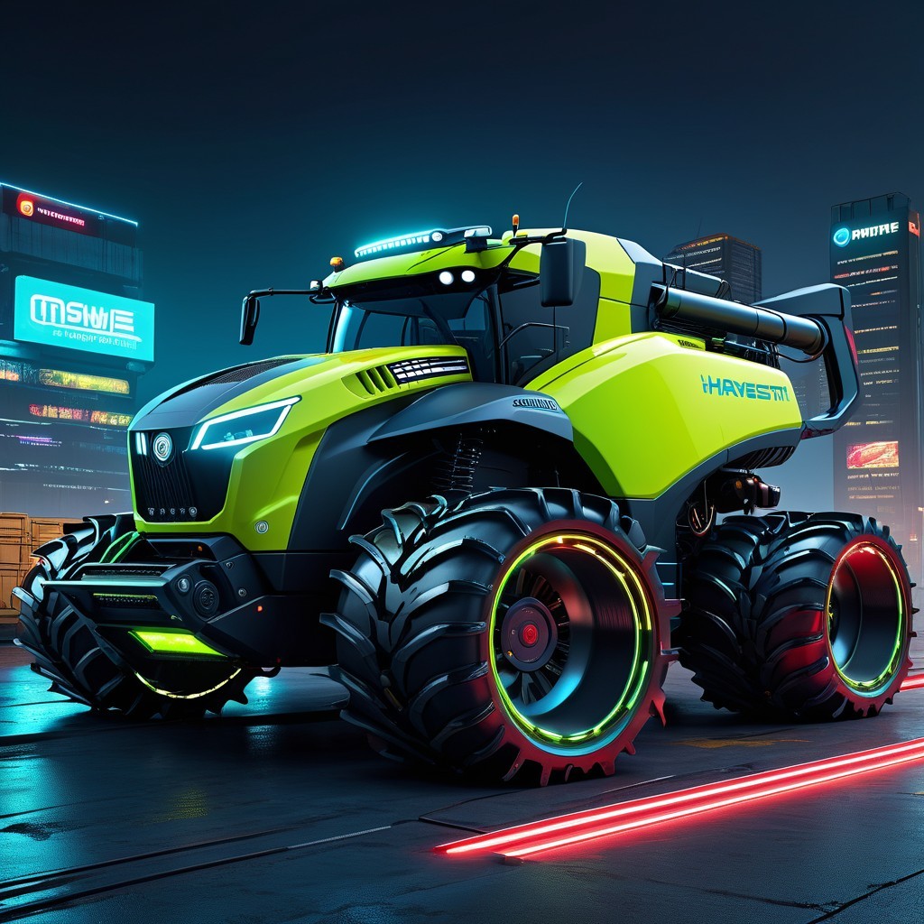 Futuristic Green Monster Tractor in Neon Urban Setting