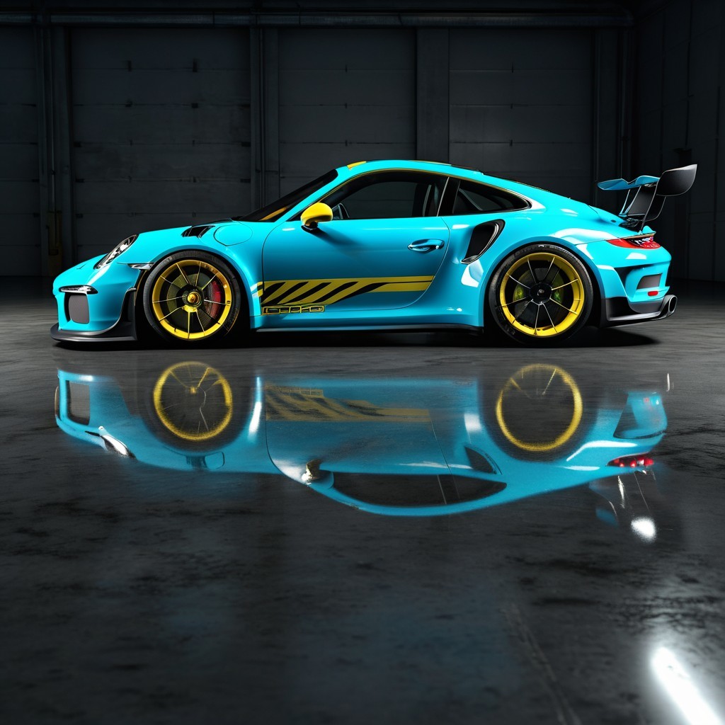 Turquoise Sports Car with Yellow Accents in Garage