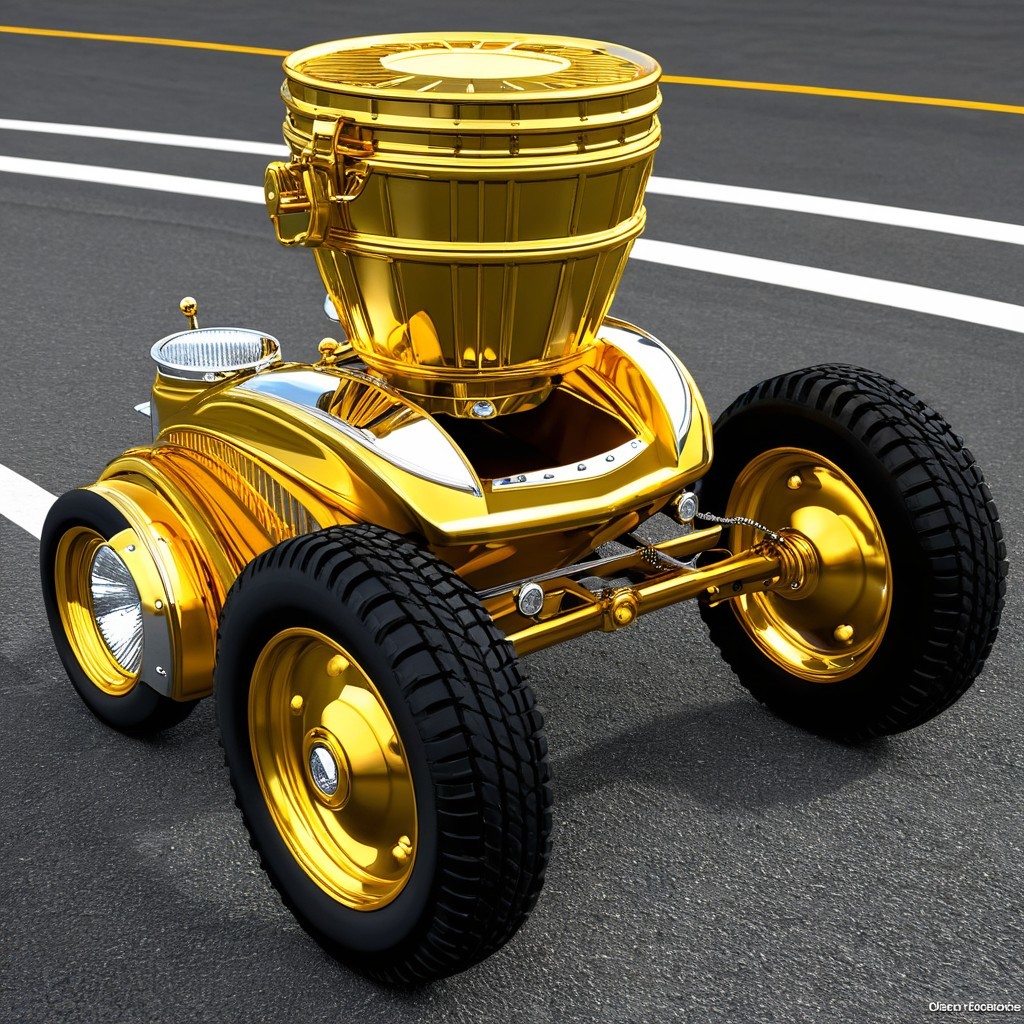 Whimsical Golden Retro Vehicle with Oversized Wheels