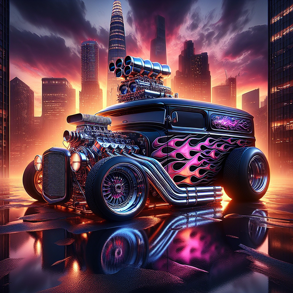 1930s Black Hot Rod with Flame Detailing and Chrome Features