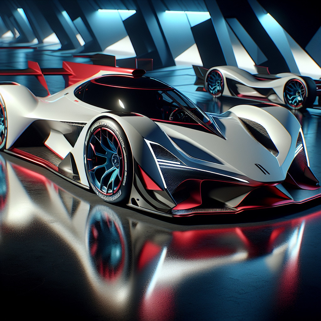 Futuristic white race car in a high-tech hangar