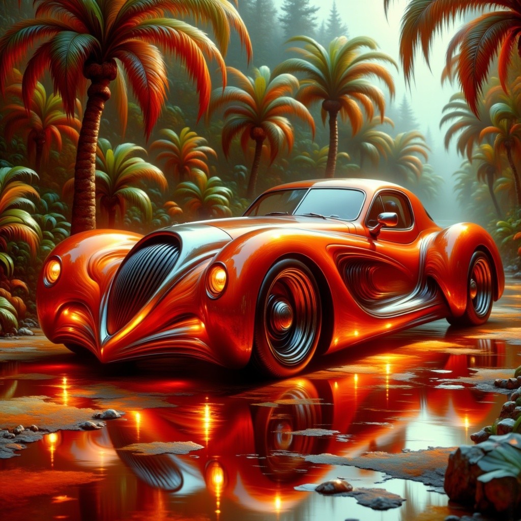 Futuristic Orange Sports Car on Wet Red Road