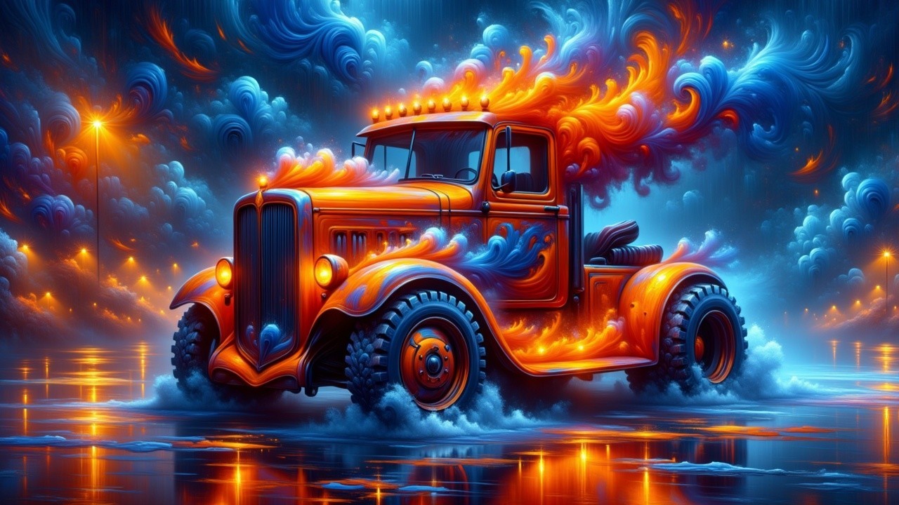 Vibrant Retro Truck in Dreamlike Fiery Landscape