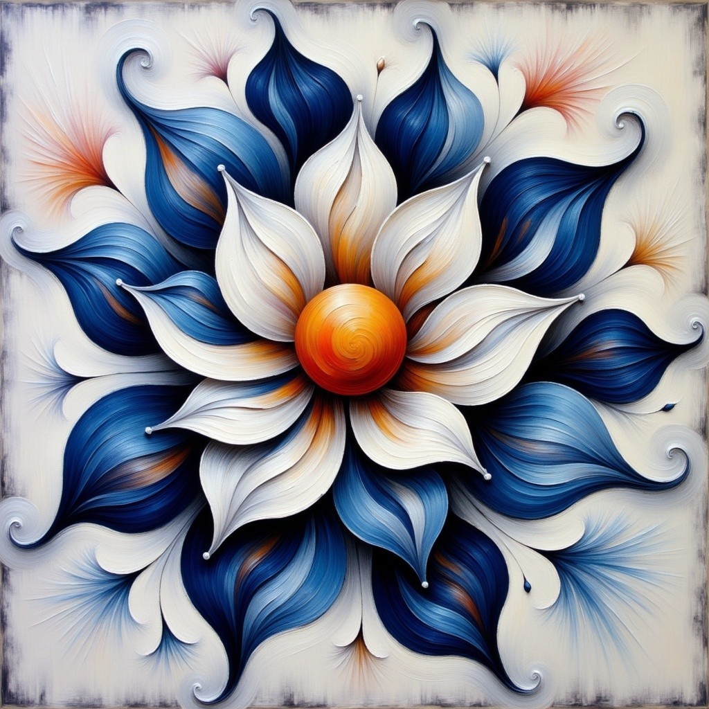 Intricate Floral Design with Blue and White Petals