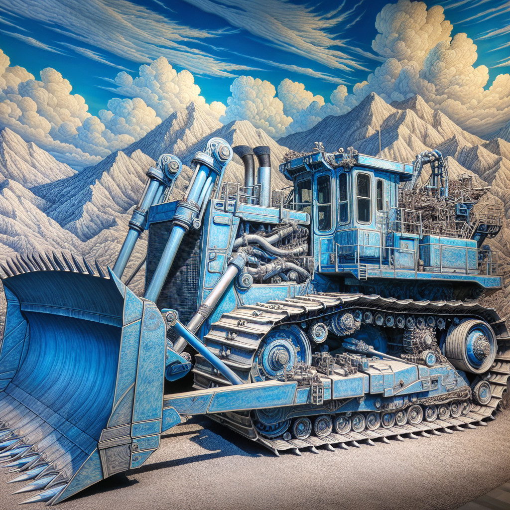 Blue Bulldozer Against Mountainous Landscape and Sky