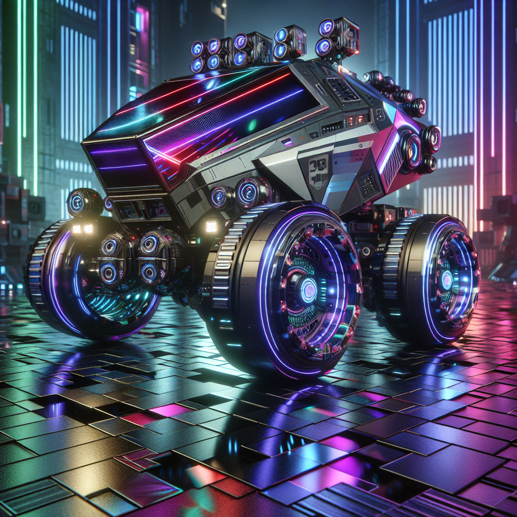 Futuristic Armored Vehicle in Neon Cityscape at Night