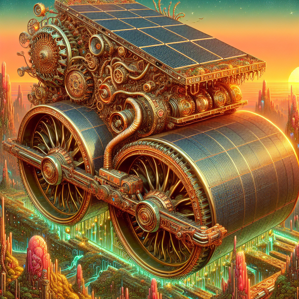 Steam-punk Vehicle with Solar Wheels in Vibrant Landscape