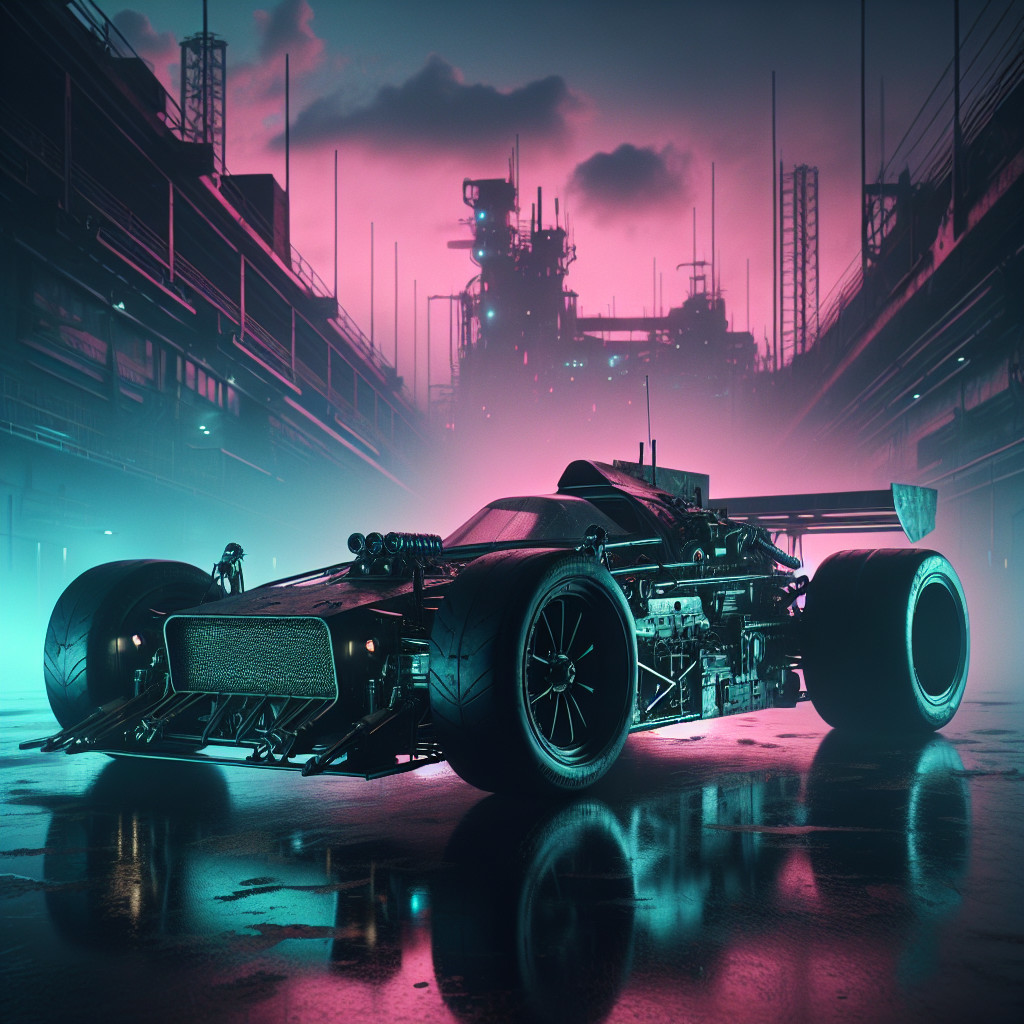 Cyberpunk Formula Race Car in Futuristic Cityscape