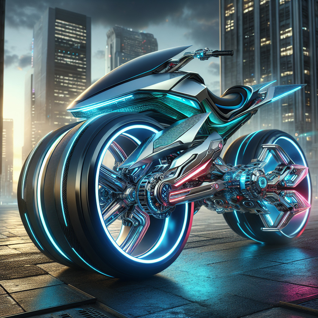 Futuristic Motorcycle with Neon Accents and Skyscrapers