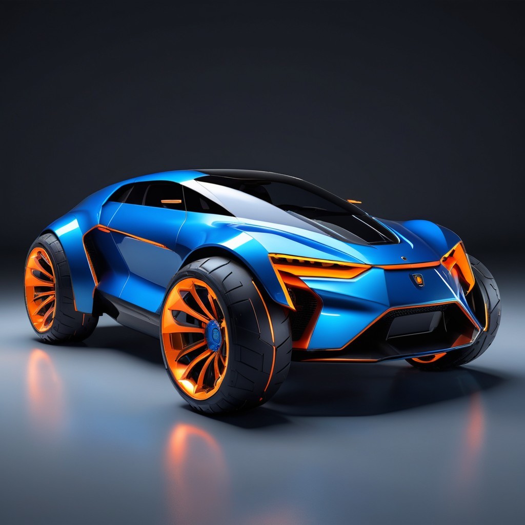 Futuristic sports car with sleek blue and orange design