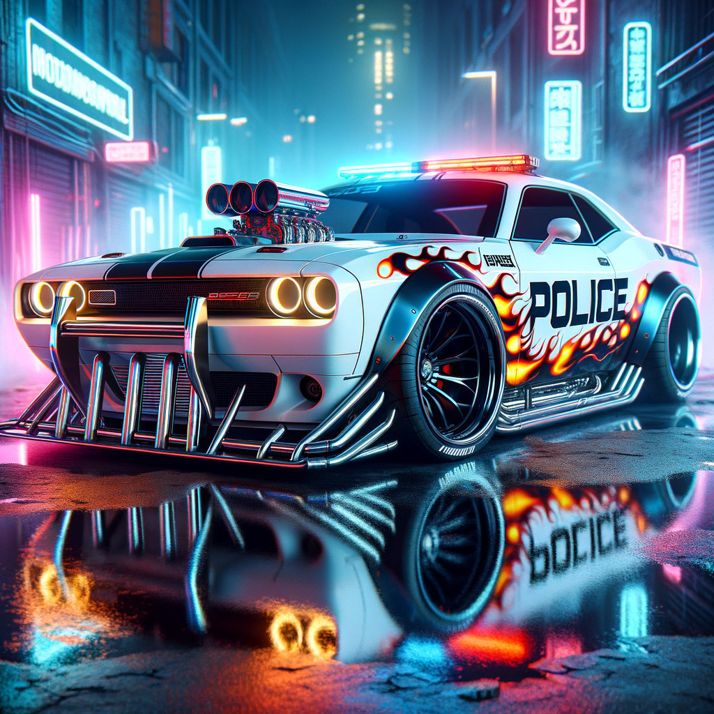 Custom White Police Muscle Car with Flame Livery