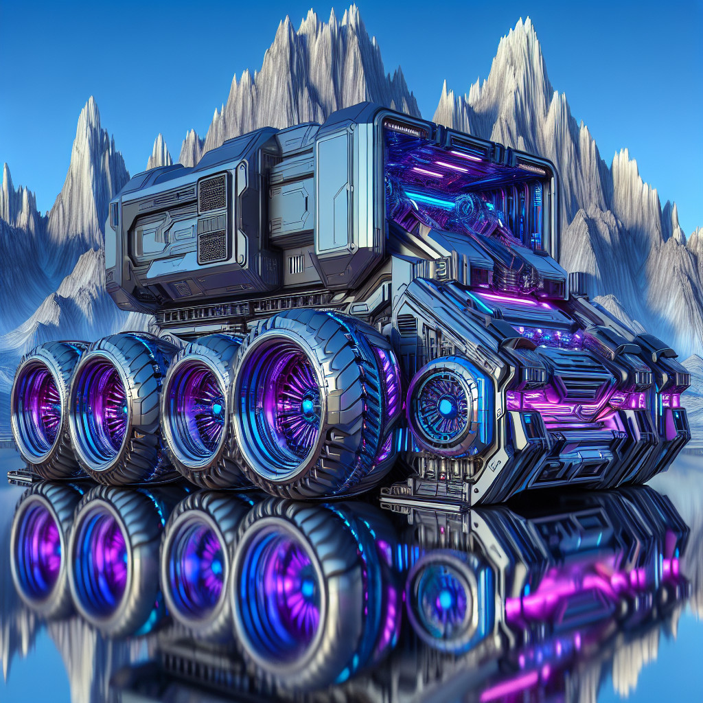 Futuristic vehicle with illuminated wheels in icy landscape