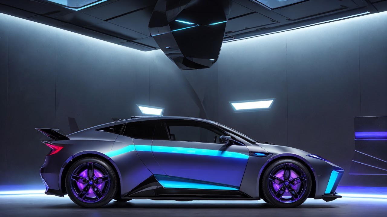 Futuristic Car Design in Neon-Lit Environment