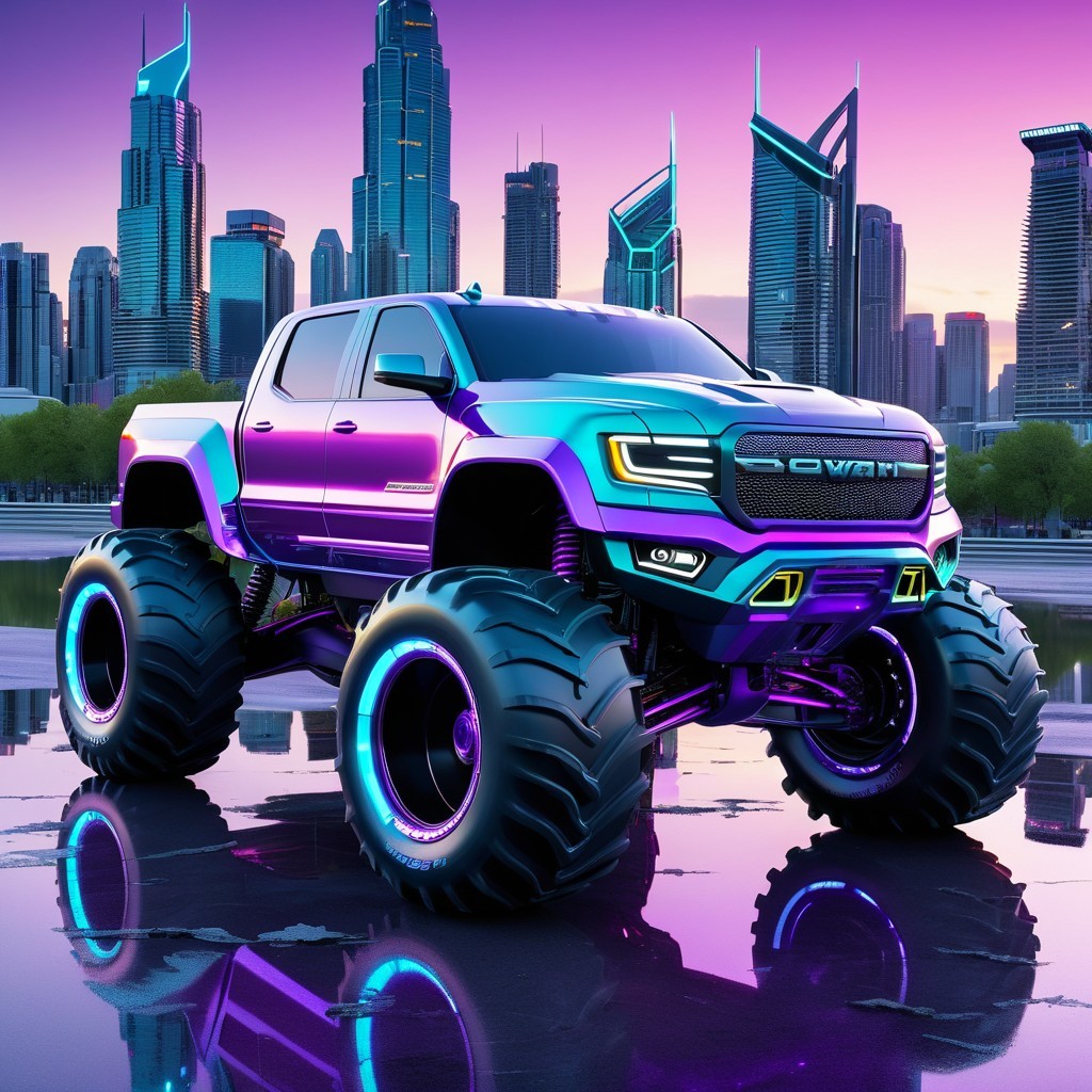 Futuristic Monster Truck with Vibrant Colors and Skyscrapers