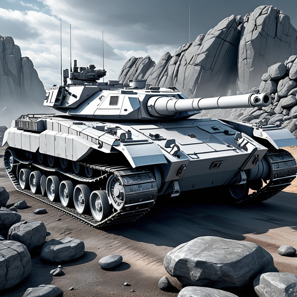 Modern tank on rocky terrain under dramatic sky