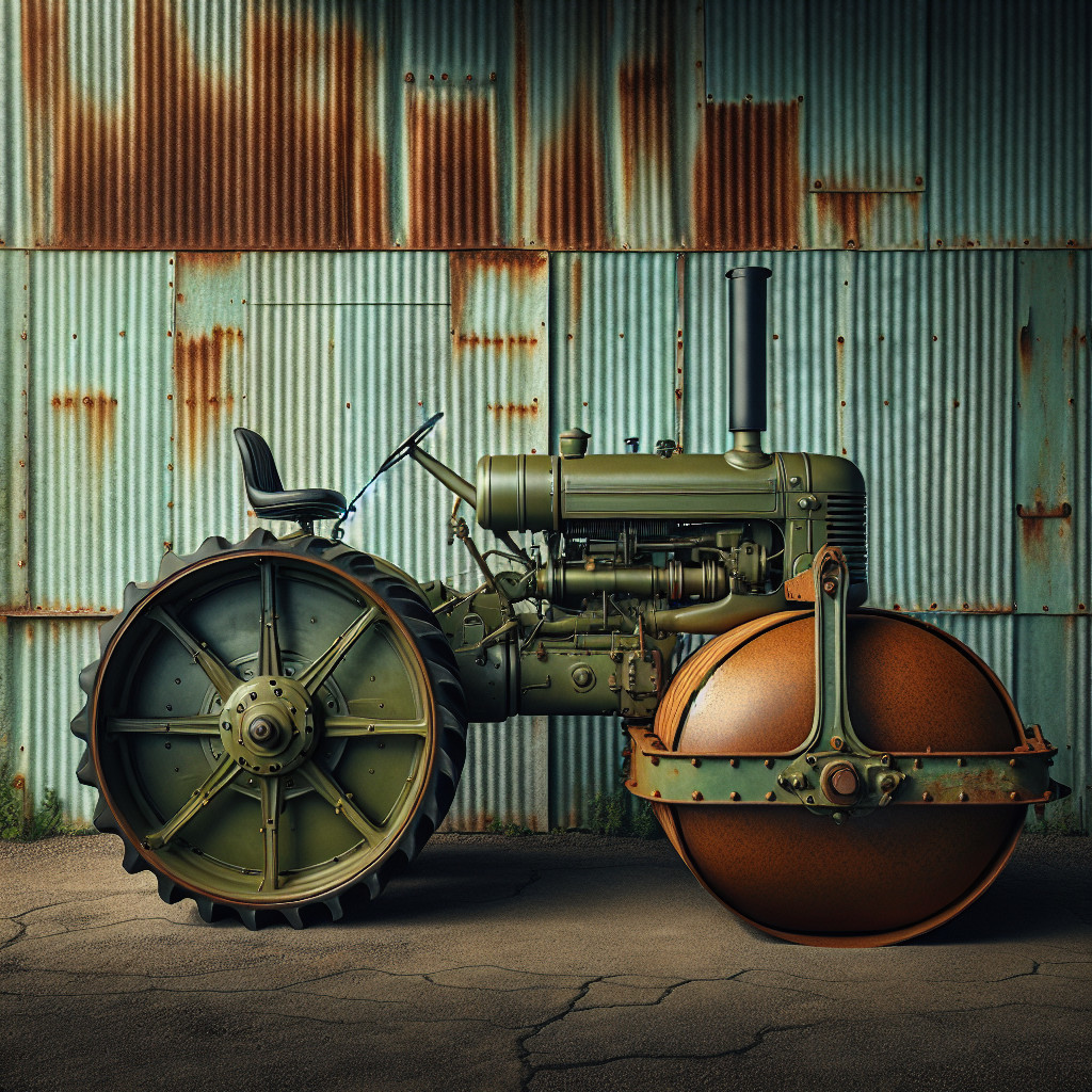 Rustic Steam-Powered Road Roller on Cracked Asphalt