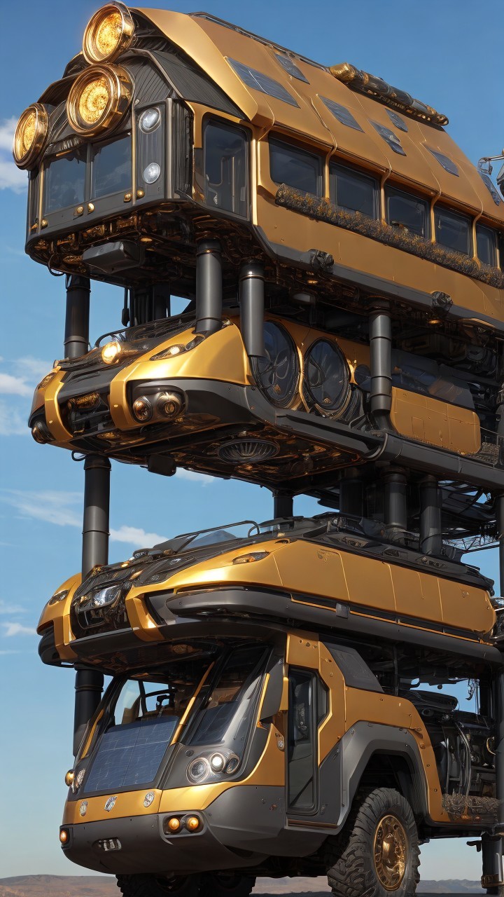 Futuristic Multi-Level Vehicle with Gold Modules