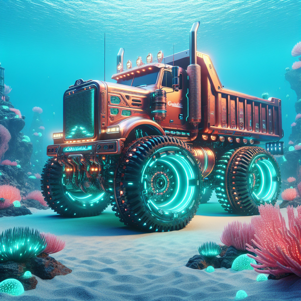 Futuristic Orange Dump Truck in Underwater Landscape