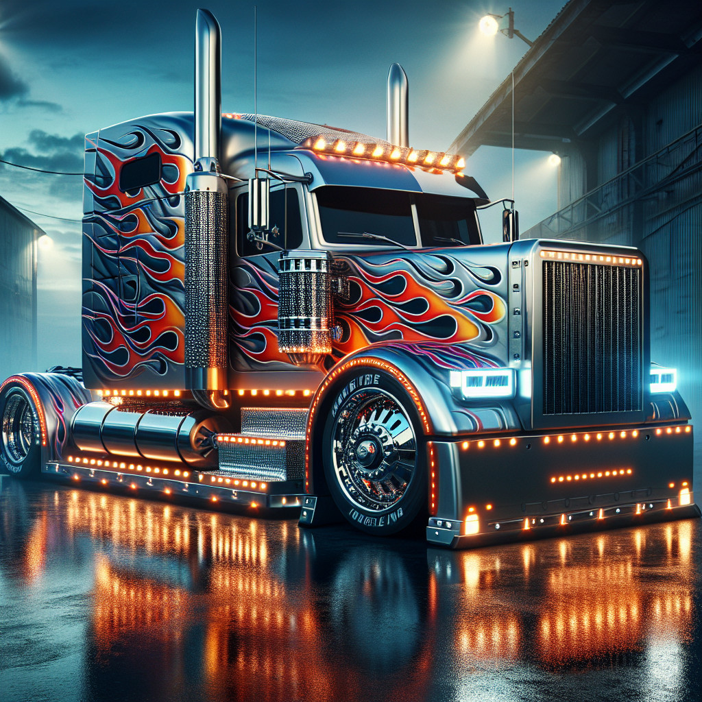 Custom Semi-Truck with Flame Decals and LED Lights