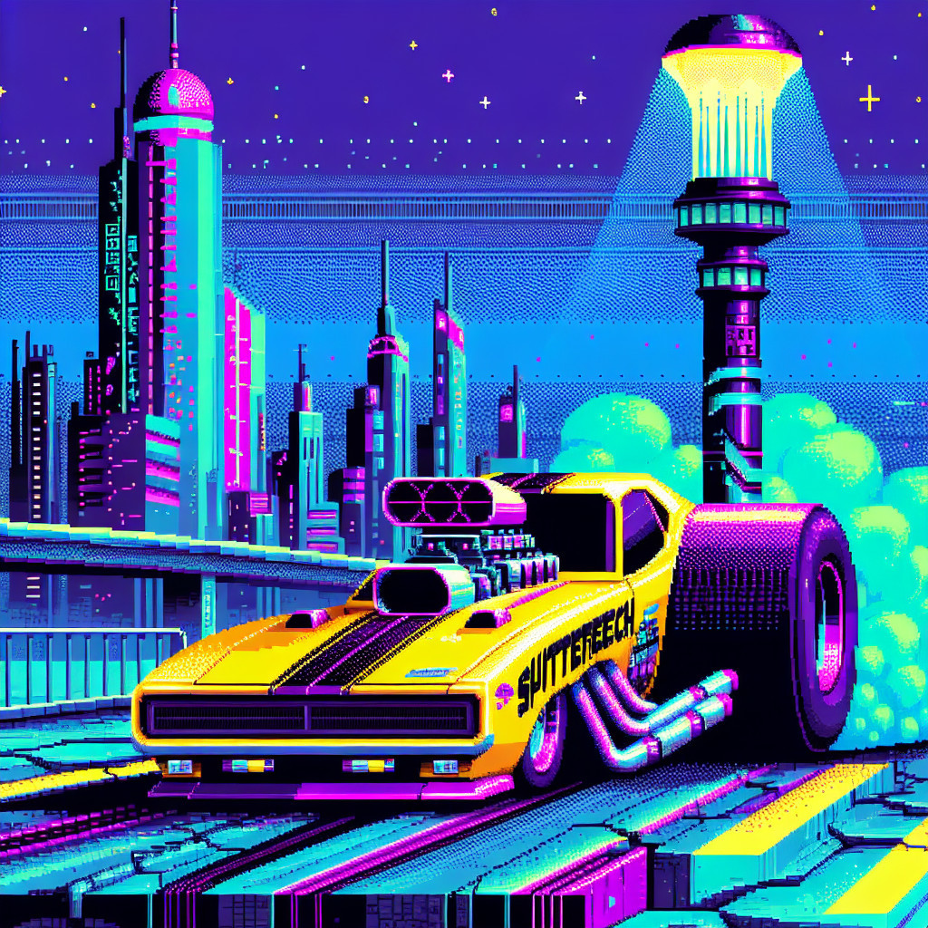 Retro-Futuristic Cityscape with Neon Lights and Dragster
